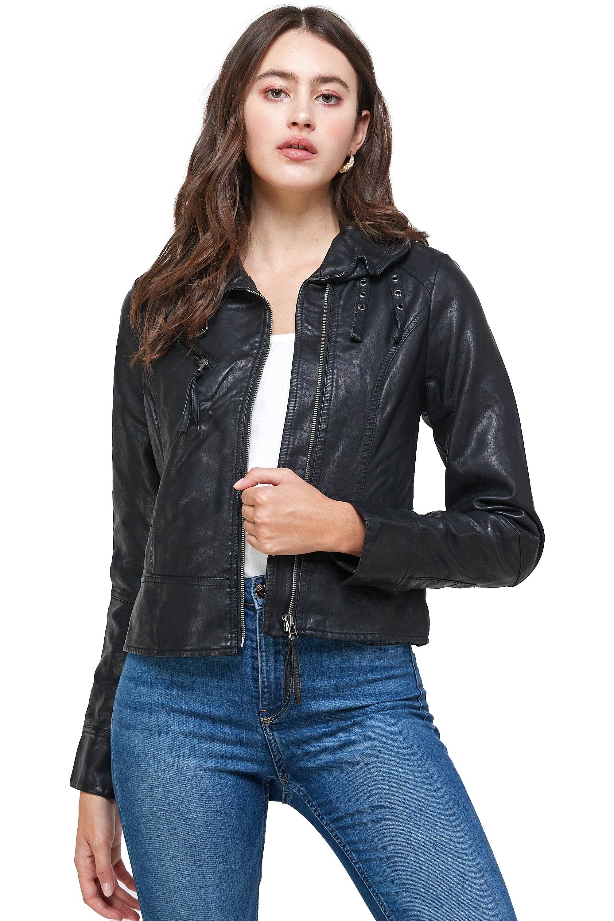 Double Buckle High Neck Vegan Leather Biker Jacket - Big J's Showstoppin' Store