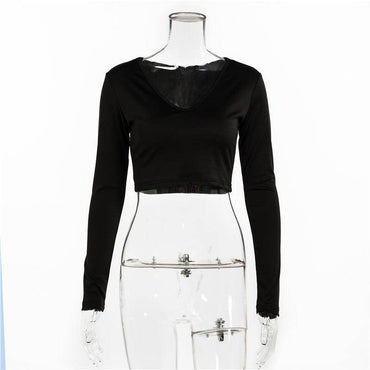 Women's Sexy Basic Scoop Neck Long Sleeve Slim Solid Color Crop Top - Big J's Showstoppin' Store