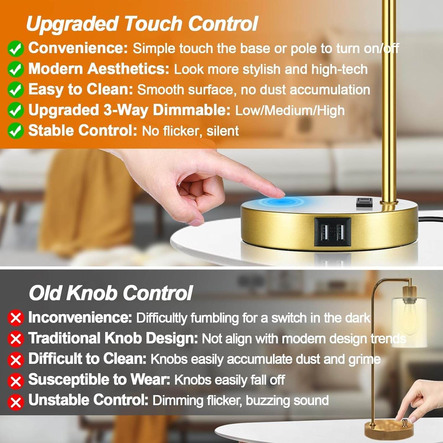 Industrial Touch Control Table Lamps Set of 2 - Gold Nightstand - Big J's Showstoppin' Store