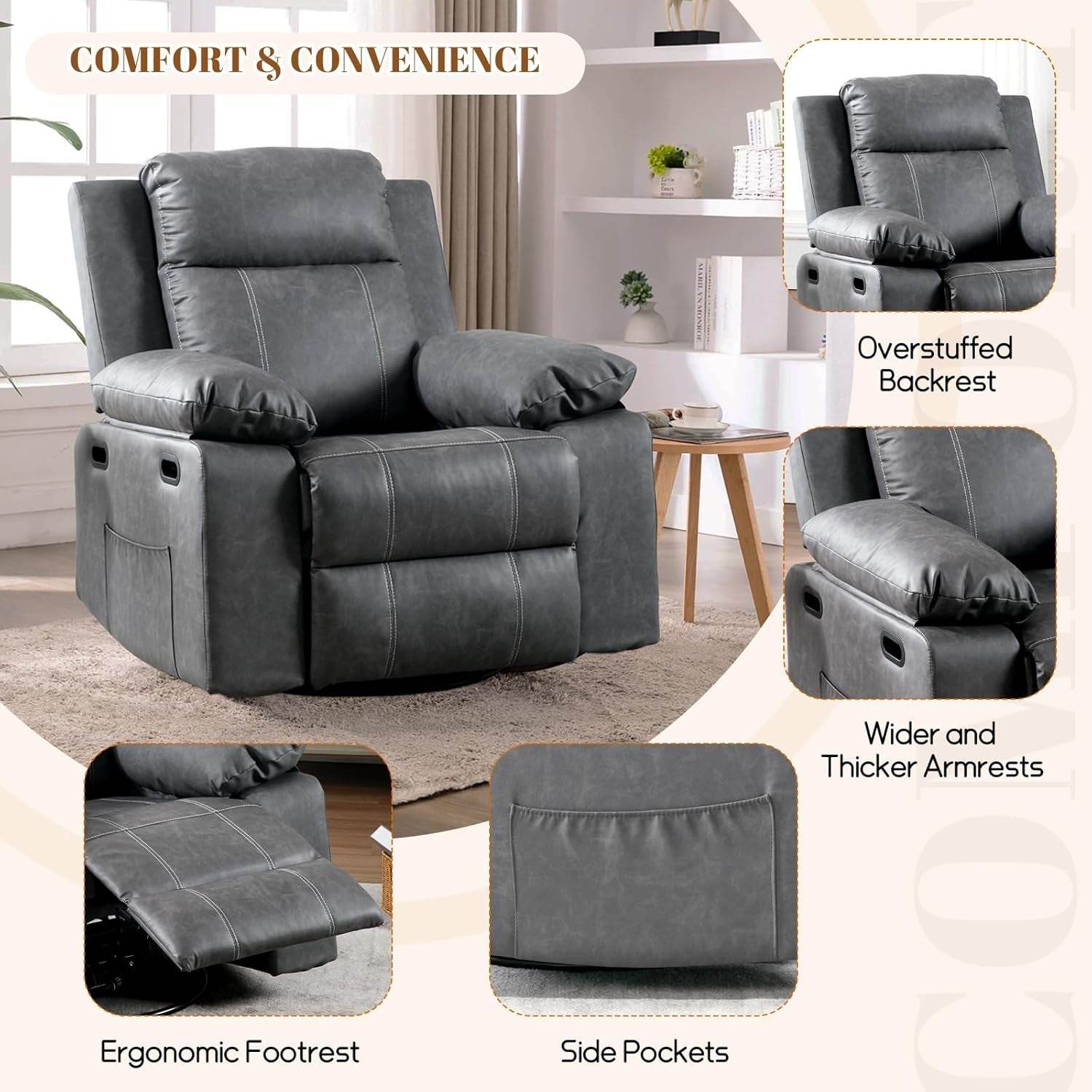 Recliner Chair, 360 Degree Swivel Rocking Chair with Massage and Heat, - Big J's Showstoppin' Store
