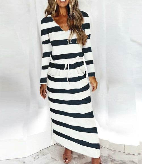 Women Casual Dress Spaghetti Long Sleeve Dress V Neck Splicing Dress - Big J's Showstoppin' Store