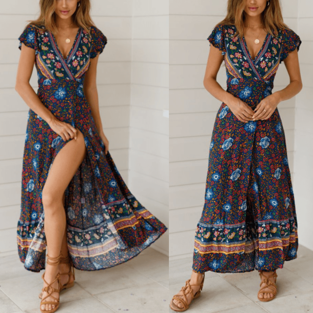 Womens Wrap Style V Neck Floral Maxi Dress - Big J's Showstoppin' Store