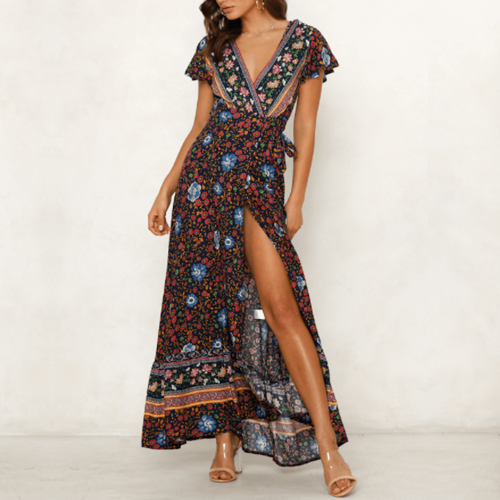 Womens Wrap Style V Neck Floral Maxi Dress - Big J's Showstoppin' Store
