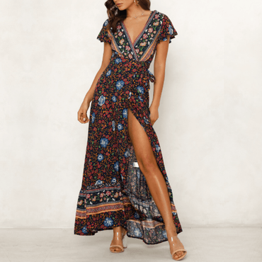 Womens Wrap Style V Neck Floral Maxi Dress - Big J's Showstoppin' Store