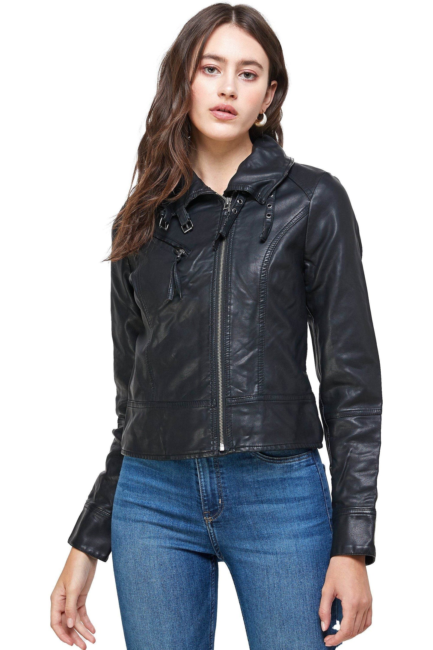Double Buckle High Neck Vegan Leather Biker Jacket - Big J's Showstoppin' Store