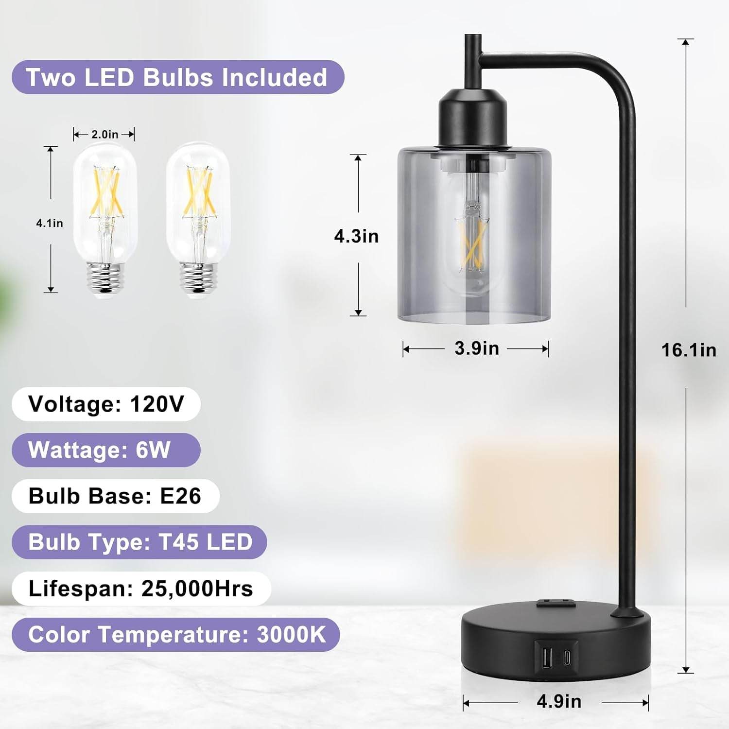 Industrial Touch Bedroom Lamps for Bedrooms Set of 2-3-Way Dimmable - Big J's Showstoppin' Store
