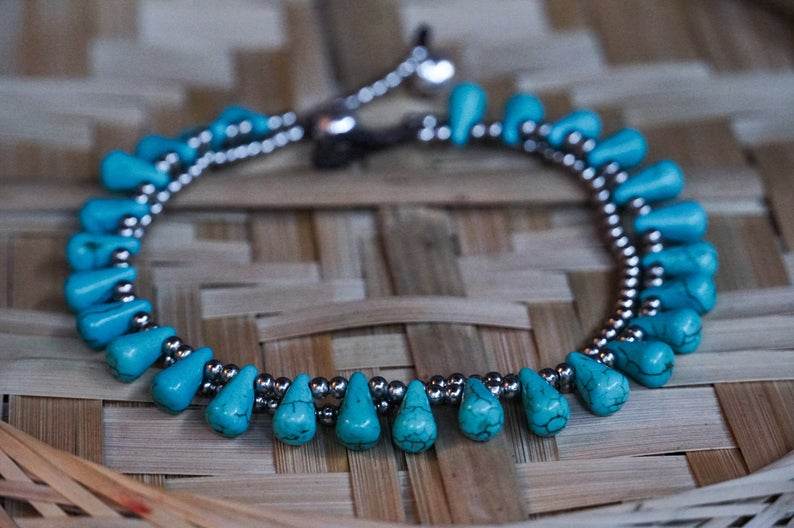 Turquoise Teardrop Bead Boho Silver Anklet - Big J's Showstoppin' Store