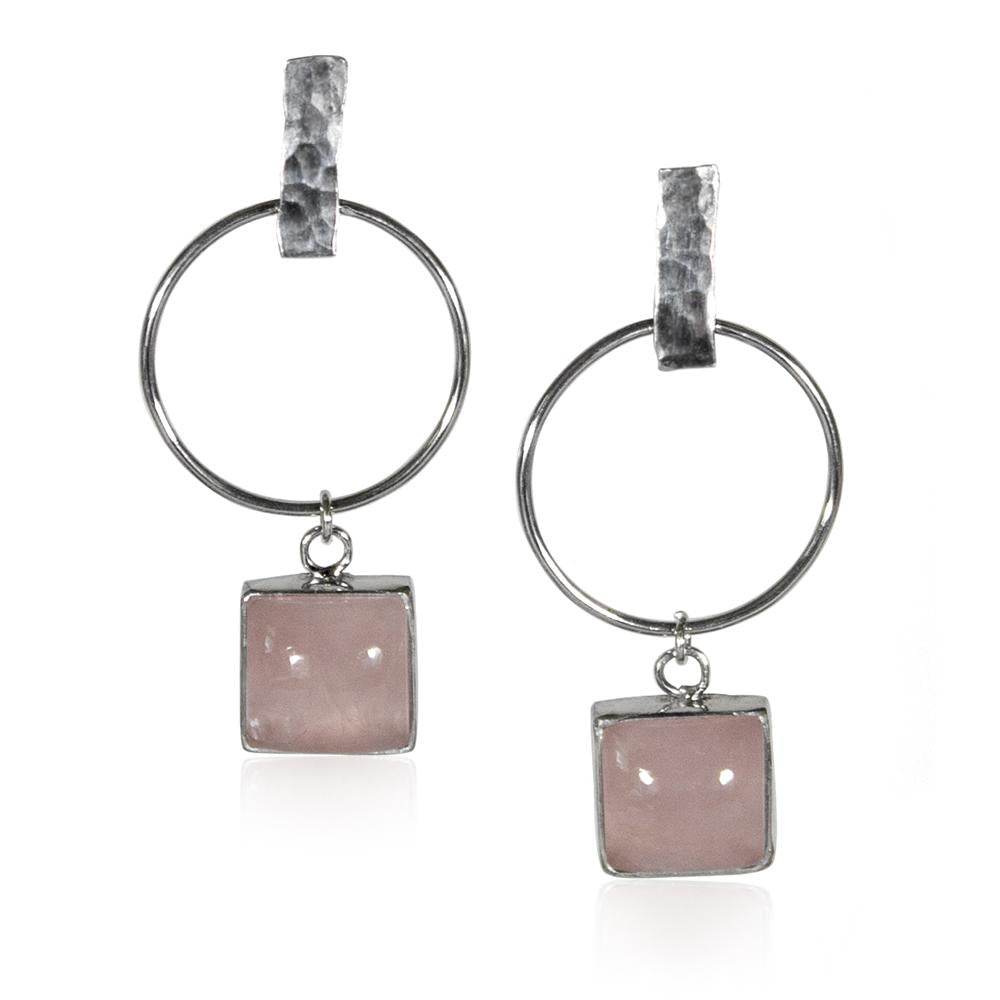 Hammered Geometric Hoop and Rose Charm Sterling Silver Earrings - Big J's Showstoppin' Store