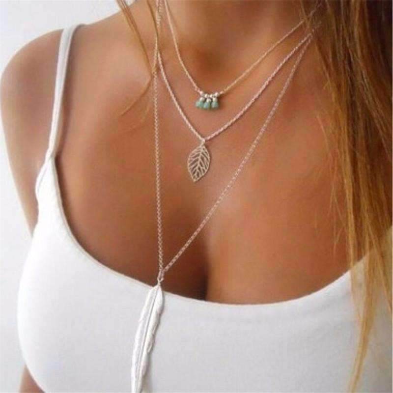 Turquoise Leaf Feather Multi Layer Necklace - Big J's Showstoppin' Store