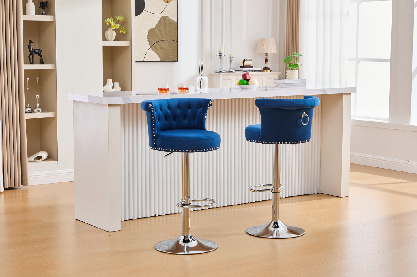 Velvet Bar Stool Set of 2, Adjustable Swivel Bar Stools with Silver