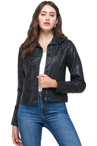 Double Buckle High Neck Vegan Leather Biker Jacket