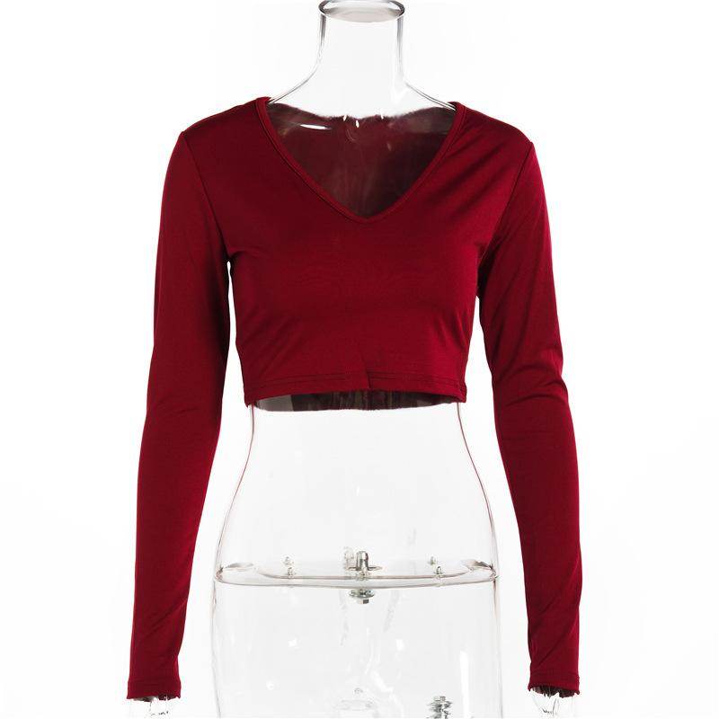 Women's Sexy Basic Scoop Neck Long Sleeve Slim Solid Color Crop Top - Big J's Showstoppin' Store