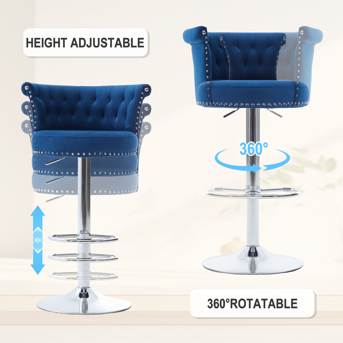 Velvet Bar Stool Set of 2, Adjustable Swivel Bar Stools with Silver