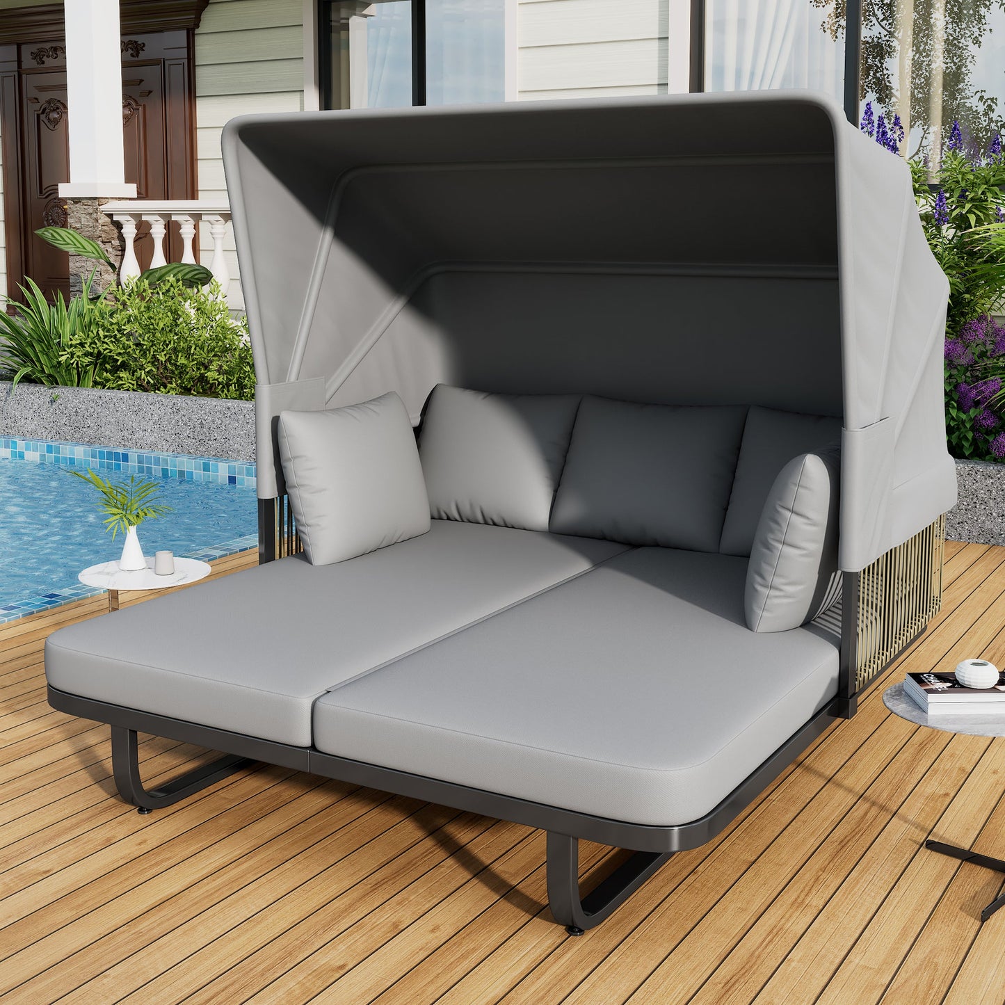57' Outdoor Patio Daybed Rattan Daybed Outdoor Sunbed with Detachable