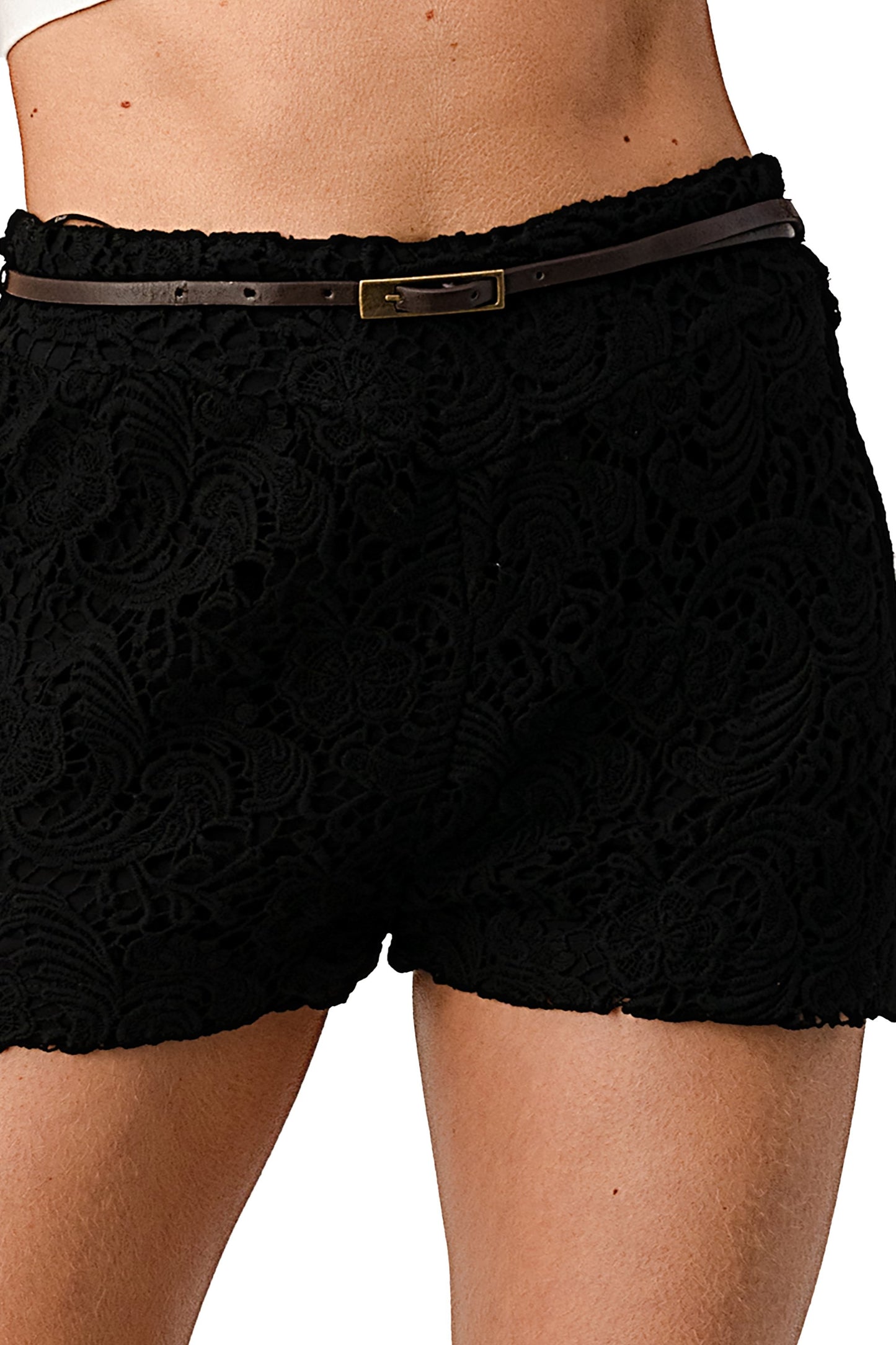 Fully Lined Belted Shorts In Crochet Lace