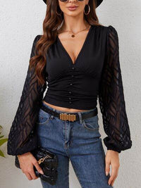 Lace Patchwork Plunge Long Sleeve Blouse - Big J's Showstoppin' Store