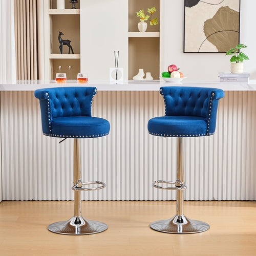 Velvet Bar Stool Set of 2, Adjustable Swivel Bar Stools with Silver