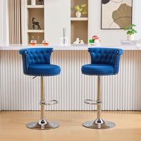 Velvet Bar Stool Set of 2, Adjustable Swivel Bar Stools with Silver
