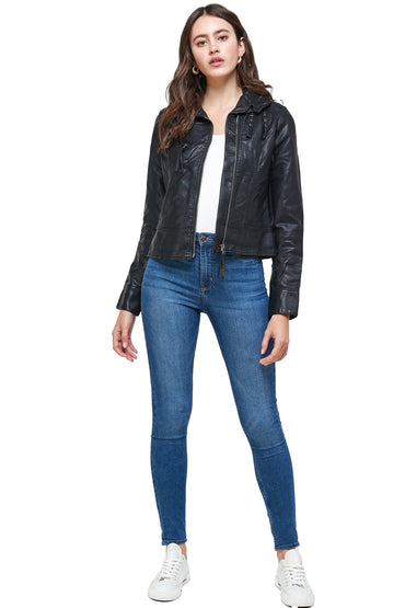 Double Buckle High Neck Vegan Leather Biker Jacket