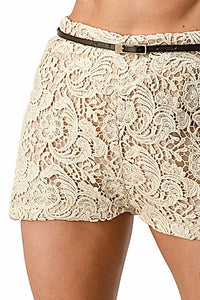 Fully Lined Belted Shorts In Crochet Lace