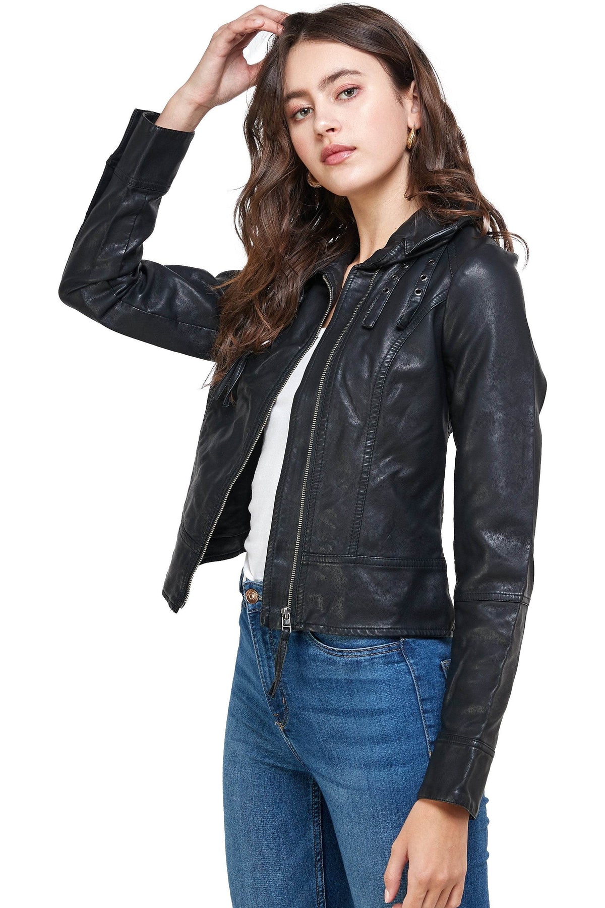 Double Buckle High Neck Vegan Leather Biker Jacket - Big J's Showstoppin' Store