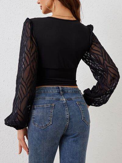 Lace Patchwork Plunge Long Sleeve Blouse - Big J's Showstoppin' Store