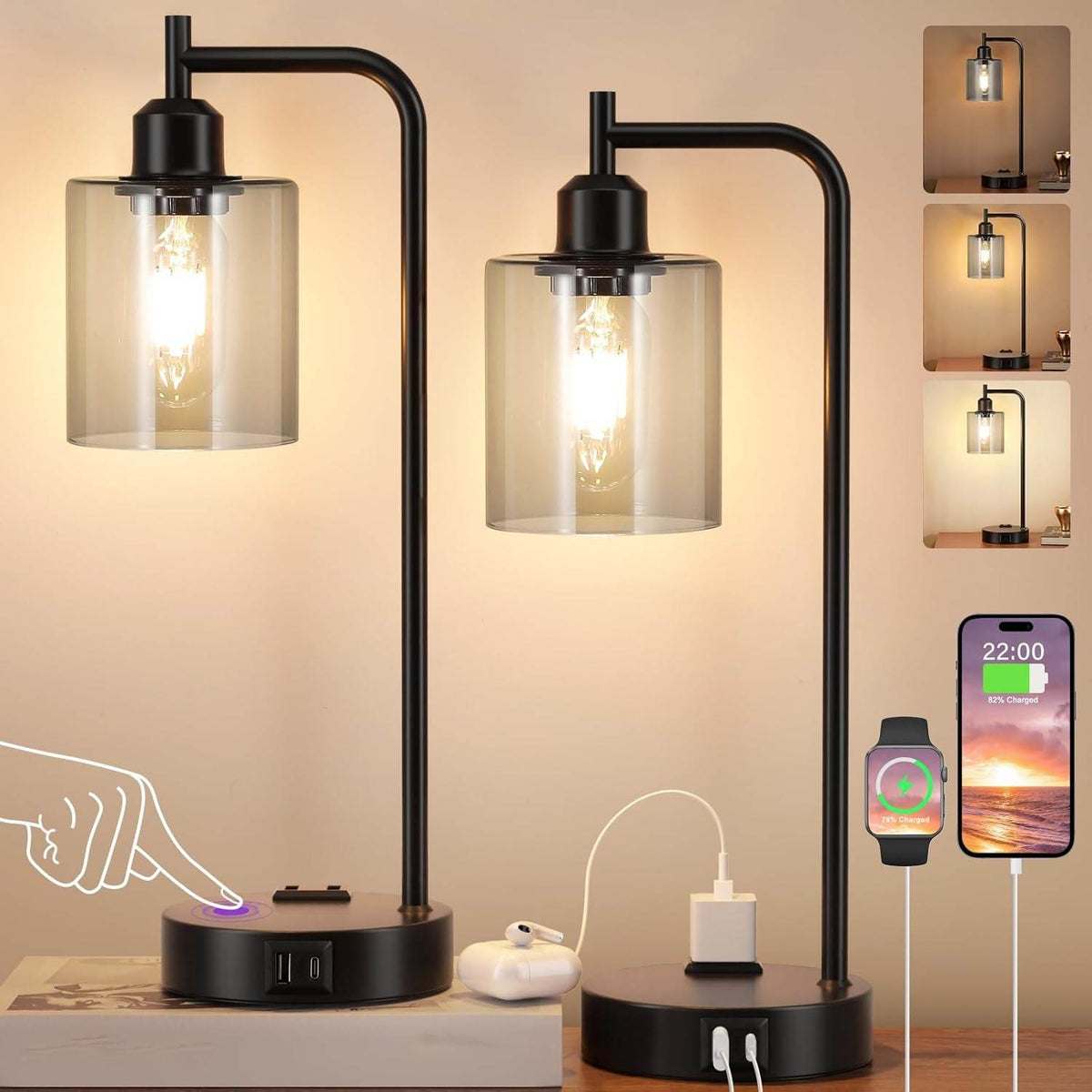 Industrial Touch Bedroom Lamps for Bedrooms Set of 2-3-Way Dimmable - Big J's Showstoppin' Store
