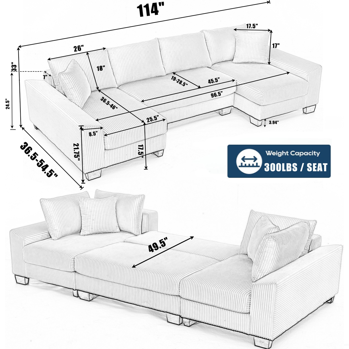 114' Sleeper Sofa,U Shaped Sofa , Pull Out Bed,Convertible Oversize 2