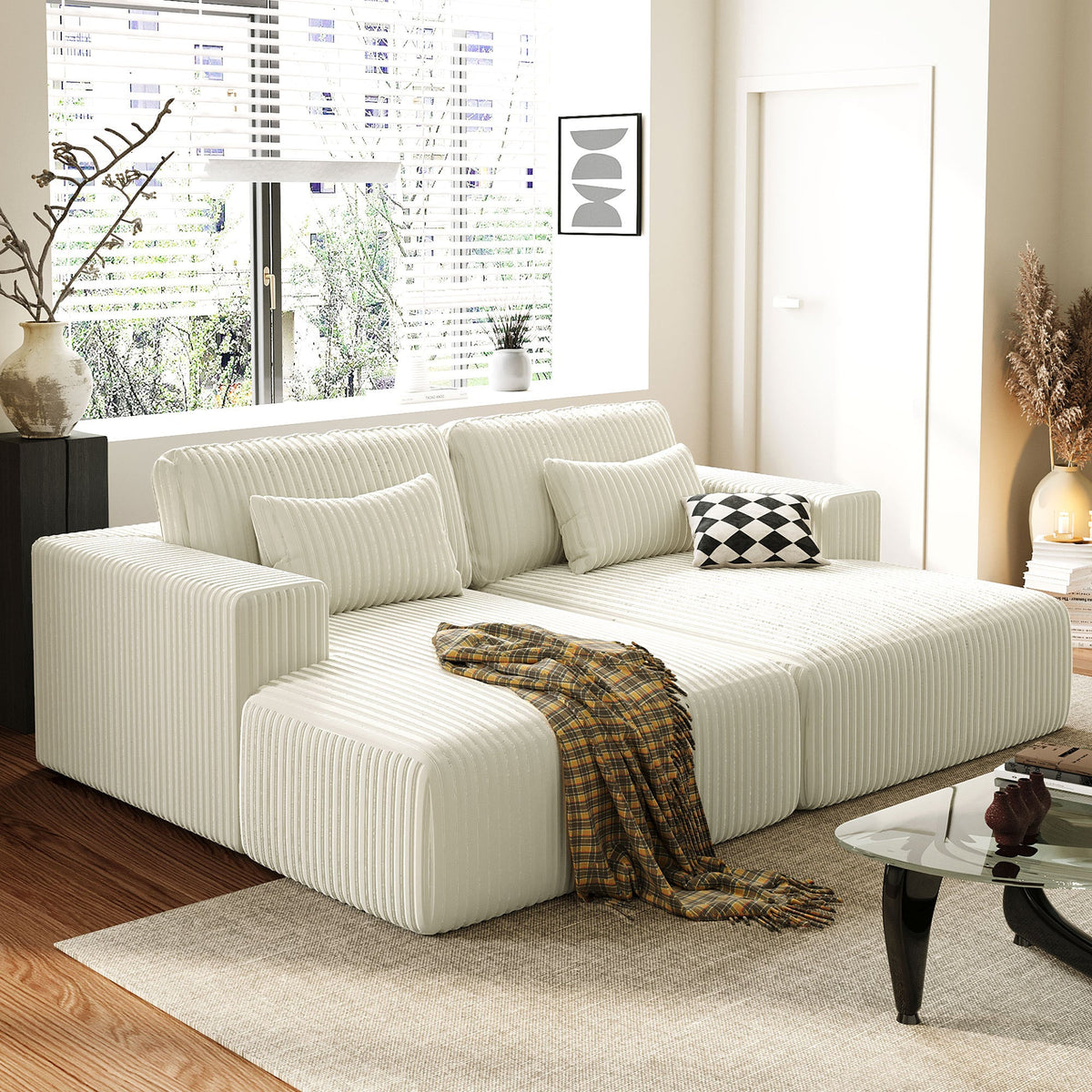 Corduroy Double Sofa Bed with 2 Pillows, Perfect for Living Rooms,