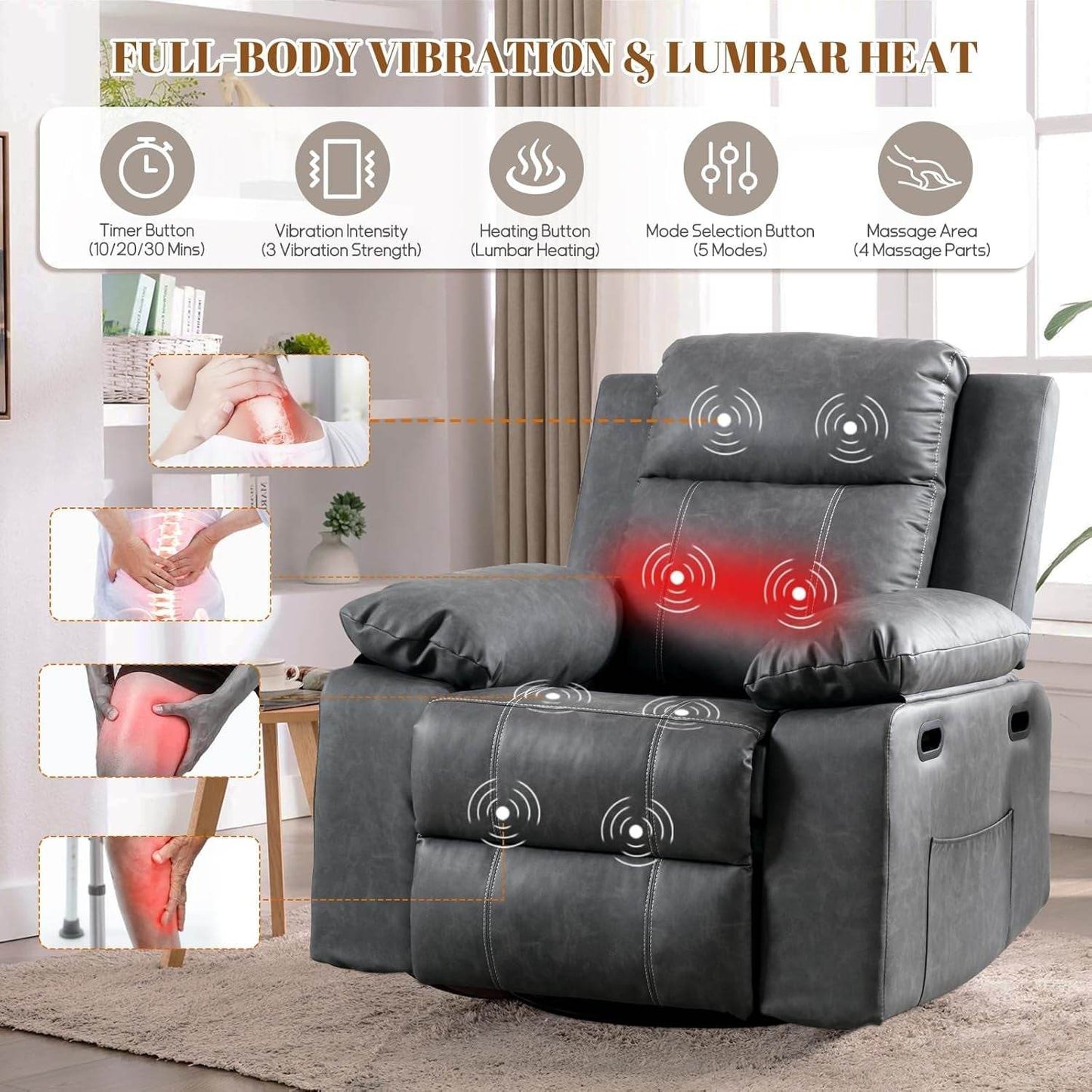Recliner Chair, 360 Degree Swivel Rocking Chair with Massage and Heat, - Big J's Showstoppin' Store