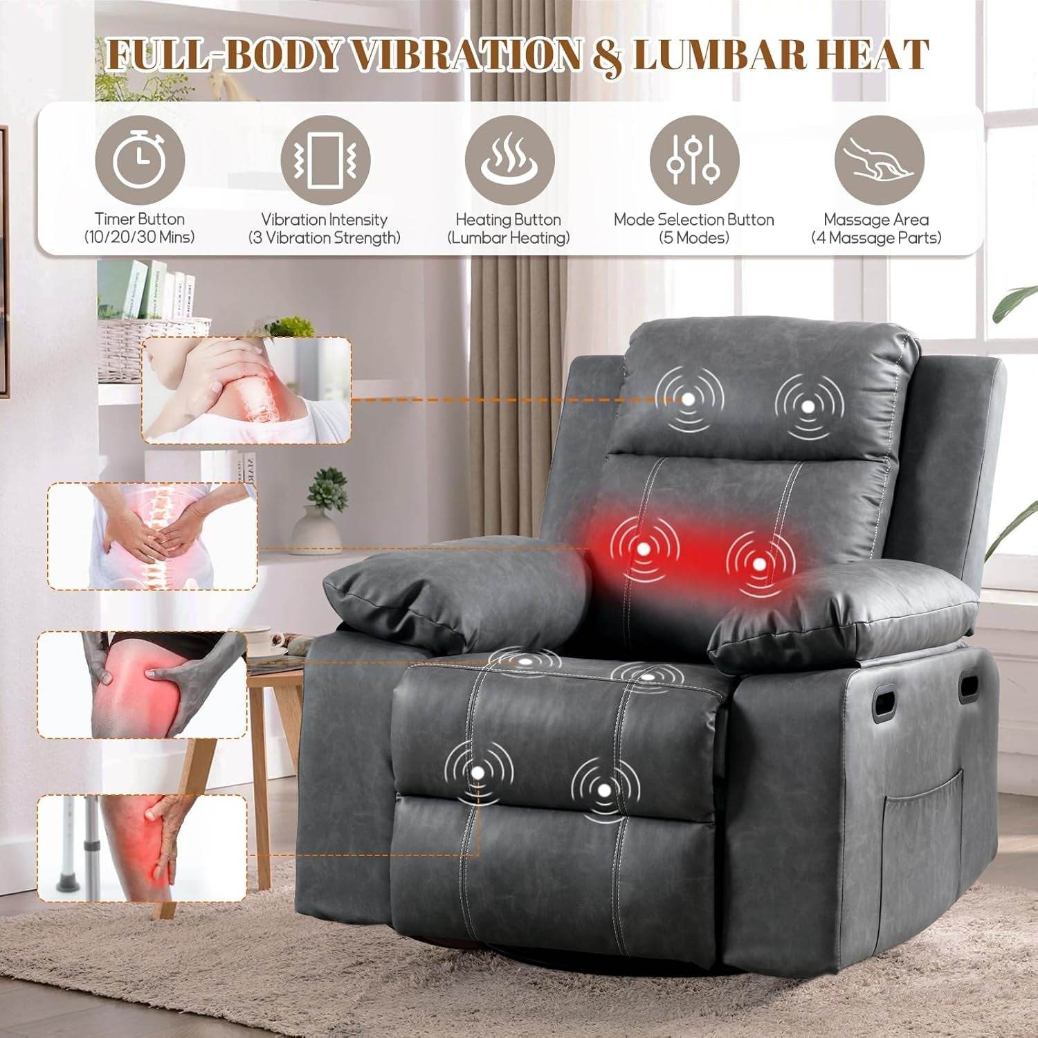 Recliner Chair, 360 Degree Swivel Rocking Chair with Massage and Heat, - Big J's Showstoppin' Store