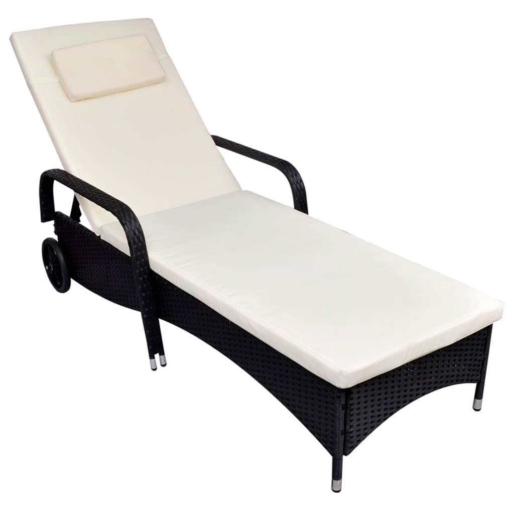 Sun Lounger with Cushion & Wheels Poly Rattan Black - Big J's Showstoppin' Store
