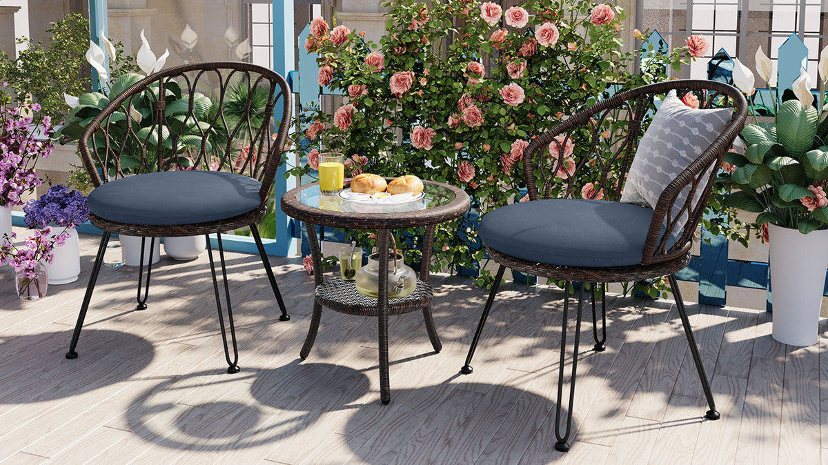Outdoor Leisure Set, 2 Rattan Single Chairs with A Glass Round Table,