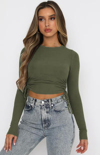 Women's Dry Crop Tops Long Sleeve Side Drawstring Ruched Shirts