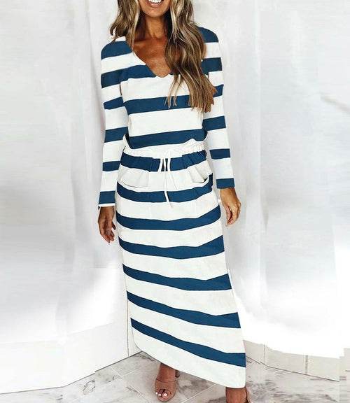 Women Casual Dress Spaghetti Long Sleeve Dress V Neck Splicing Dress - Big J's Showstoppin' Store