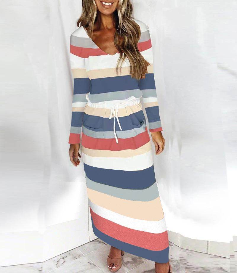 Women Casual Dress Spaghetti Long Sleeve Dress V Neck Splicing Dress - Big J's Showstoppin' Store