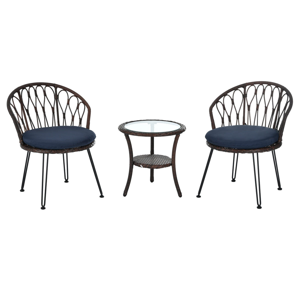 Outdoor Leisure Set, 2 Rattan Single Chairs with A Glass Round Table,