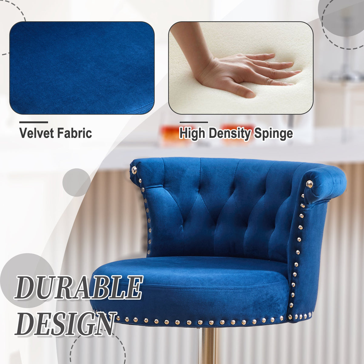 Velvet Bar Stool Set of 2, Adjustable Swivel Bar Stools with Silver