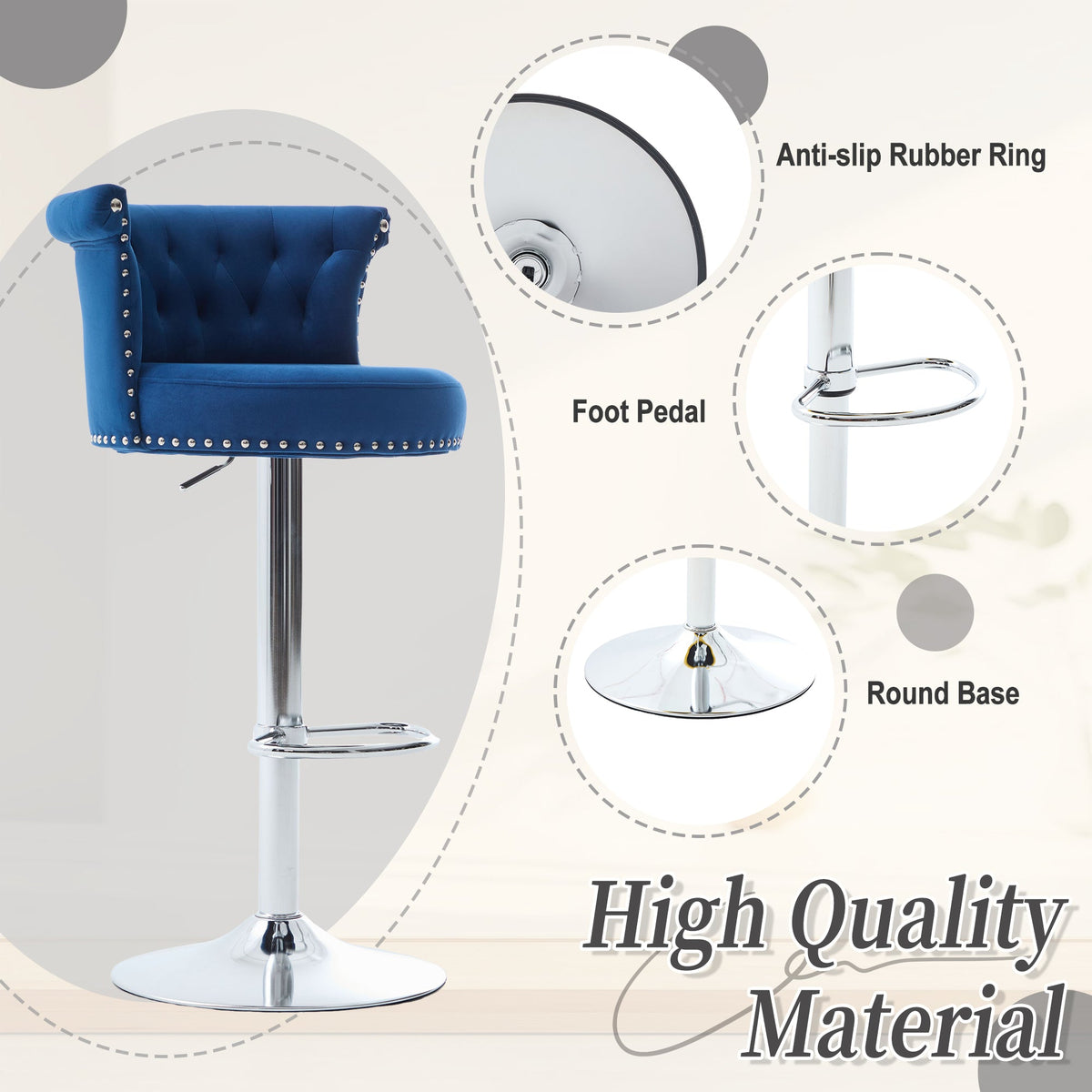 Velvet Bar Stool Set of 2, Adjustable Swivel Bar Stools with Silver