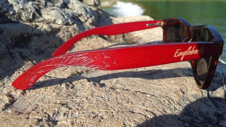 Red Bamboo Tortoise Framed Sunglasses With Wood Case, Artisan Engraved - Big J's Showstoppin' Store